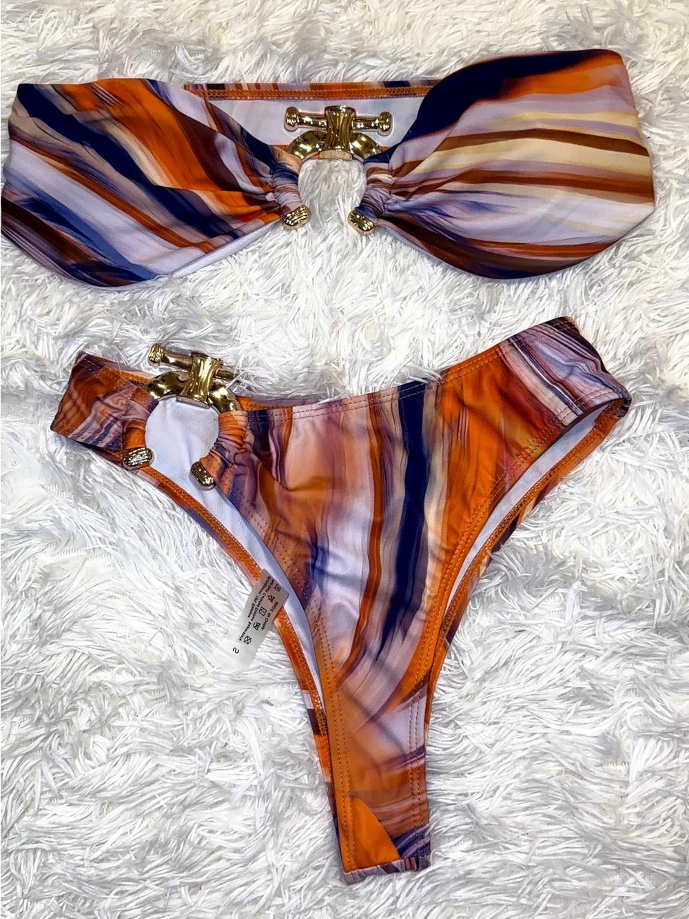 Orange & Navy Marble Stripe Bikini with Gold Hardware
